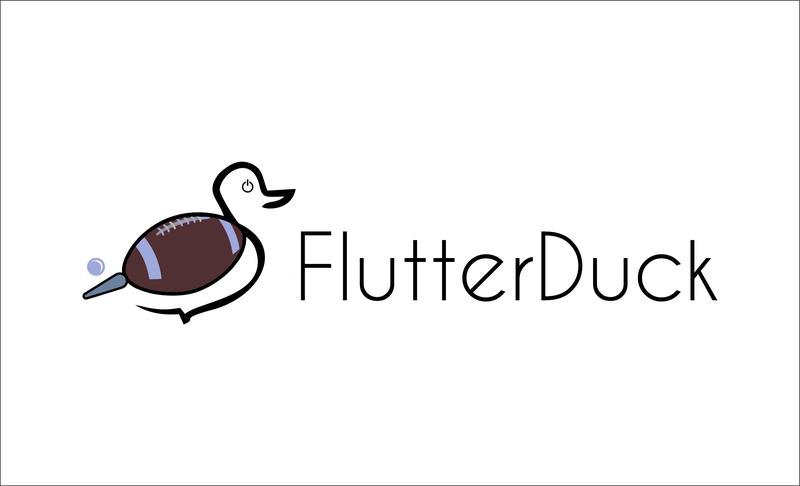 A duck with a football for a wing, a pinball flipper for a tail, and a power button for an eye - the FlutterDuck logo.